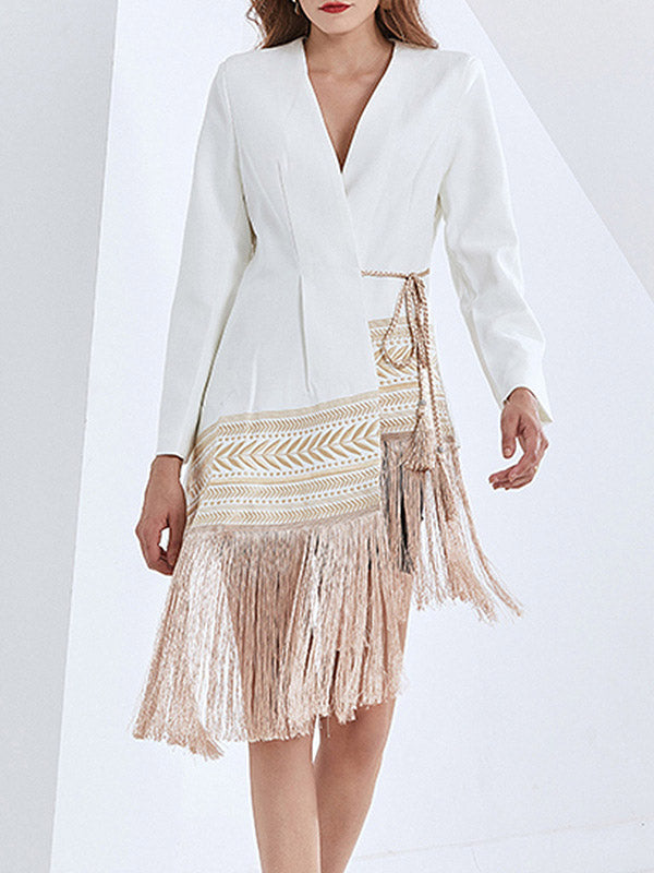Asymmetric Embroidered Split-Joint Tasseled Tied Long Sleeves Loose V-Neck Outerwear Blazer