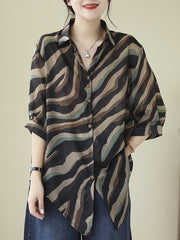 Buttoned Tied Zebra-Stripe Long Sleeves Loose Lapel Blouses&Shirts Tops