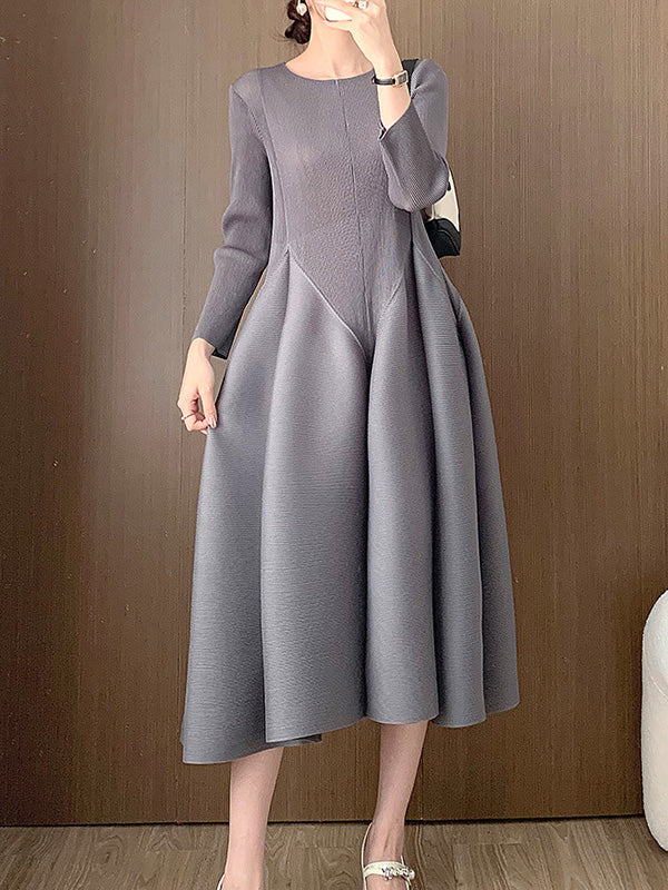 Pleated Solid Color Split-Joint A-Line Loose Round-Neck Midi Dresses