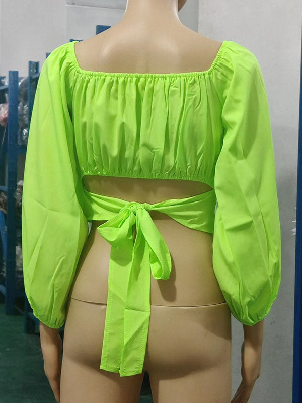 Elasticity Pleated Solid Color Long Sleeves Loose Off-the-shoulder Blouses