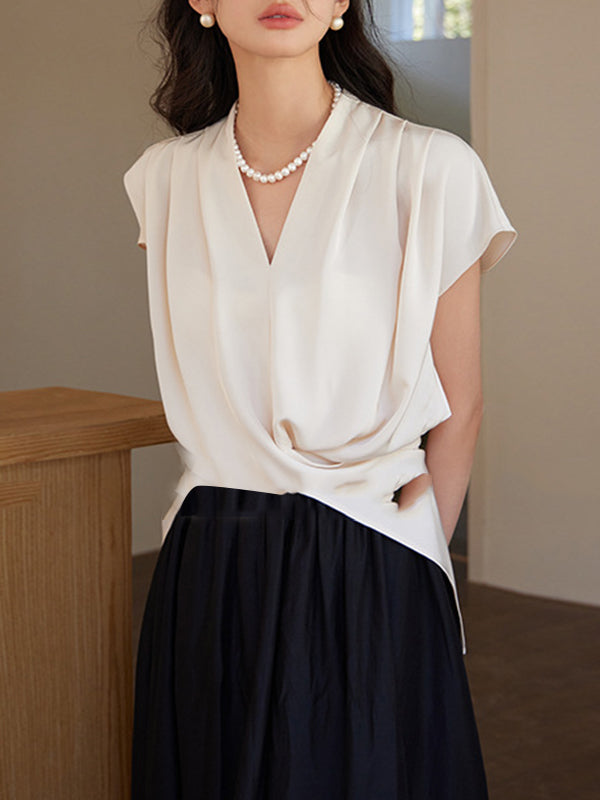 Knot Pleated Solid Color Split-Joint Loose Raglan Sleeve V-neck Blouses&shirts Tops