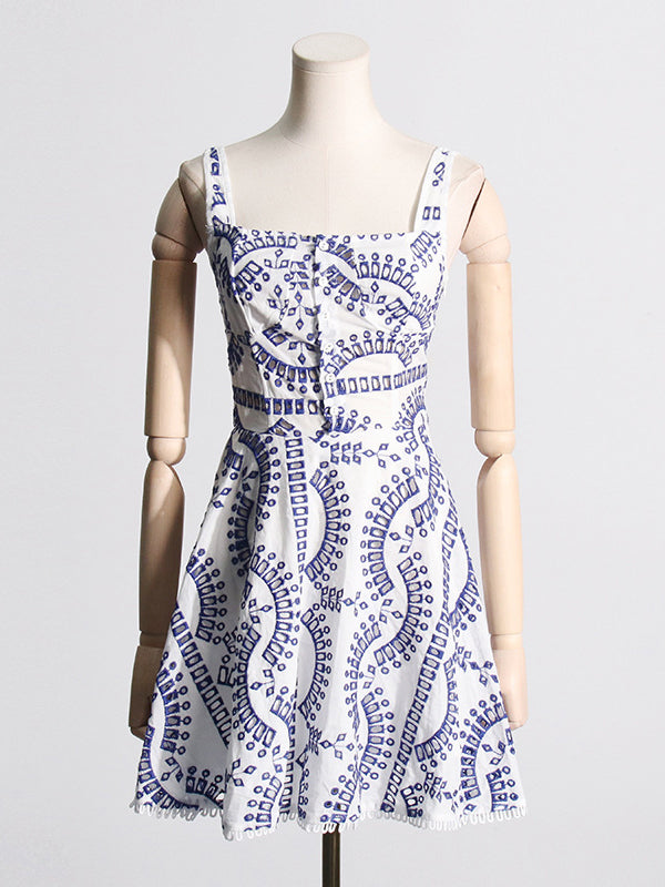 Buttoned Elasticity Hollow Solid Color High Waisted Loose Spaghetti-Neck Mini Dresses