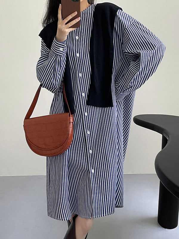 Striped Long Sleeves Loose Round-Neck Shirt Dress Midi Dresses