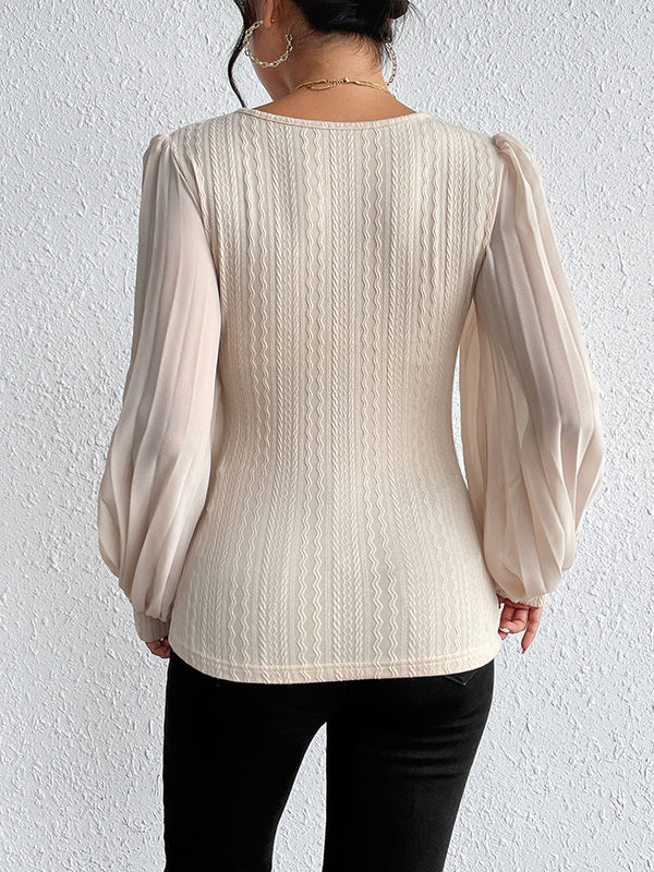 Pleated Solid Color Split-Joint Long Sleeves Loose Round-Neck T-Shirts Tops