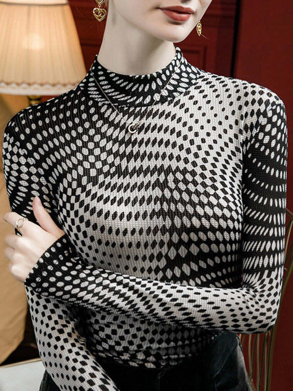 Contrast Color Printed Long Sleeves Plus Size Mock Neck T-Shirts Tops