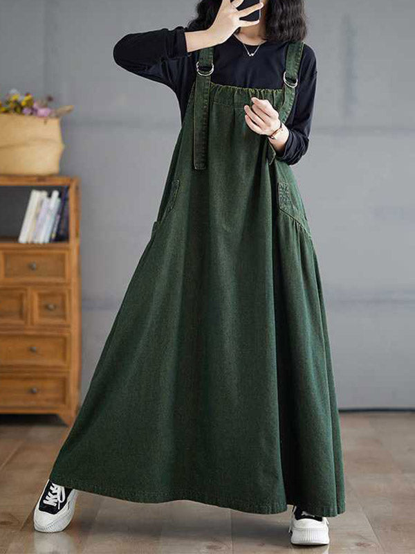 Pleated Pockets Solid Color Split-Joint A-Line Loose Spaghetti-Neck Suspender Dress
