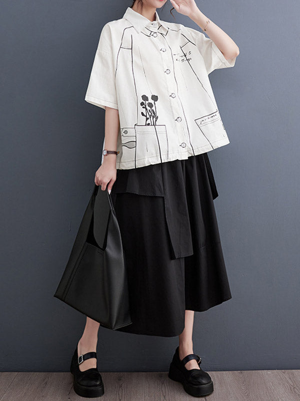 Buttoned Printed Loose Short Sleeves Lapel Blouses&Shirts Tops