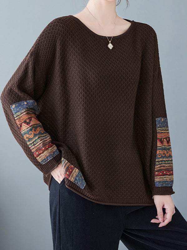 Printed Split-Joint Long Sleeves Loose Round-Neck Sweater Tops Pullovers