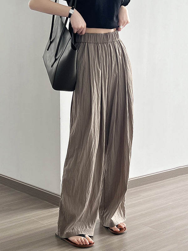 Elasticity Pleated Solid Color High Waisted Wide Leg Trousers Casual Pants Bottoms
