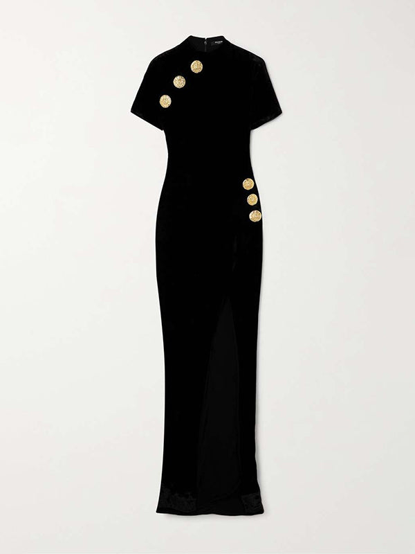 Wrap Buttoned Lion Pattern Solid Color Split-Side Zipper Stand Collar Maxi Dresses