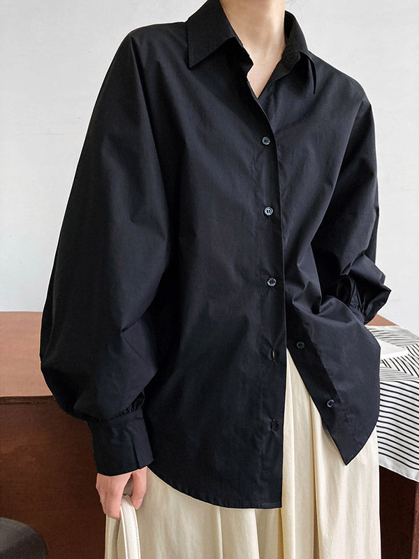 Buttoned Pleated Solid Color Long Sleeves Loose Lapel Blouses&Shirts Tops