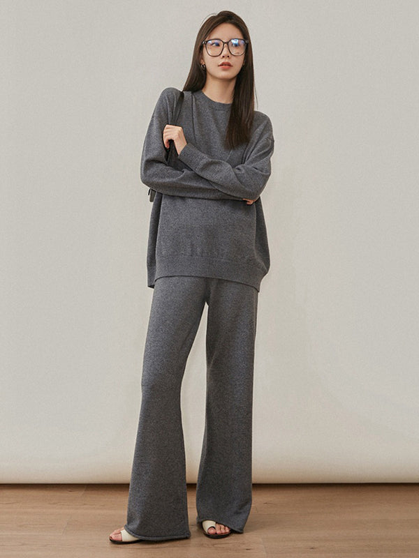 Urban Loose Solid Round-Neck Vest Top& V-Neck Sweater Tops& Wide Leg Pants Three-Piece Set