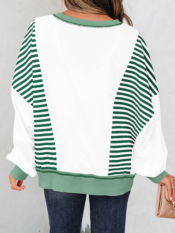 Contrast Color Striped Long Sleeves Loose Round-neck Sweatshirt Tops