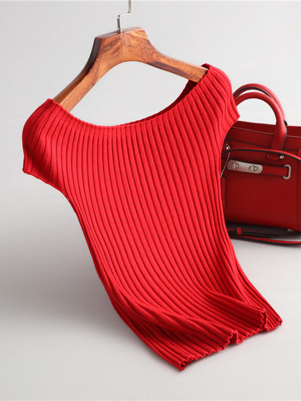 Solid Color Short Sleeves Skinny Boat Neck Sweater Pullovers Knitwear