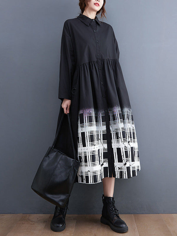 Buttoned Gradient Plaid A-Line Long Sleeves Lapel Midi Dresses