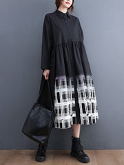 Buttoned Gradient Plaid A-Line Long Sleeves Lapel Midi Dresses