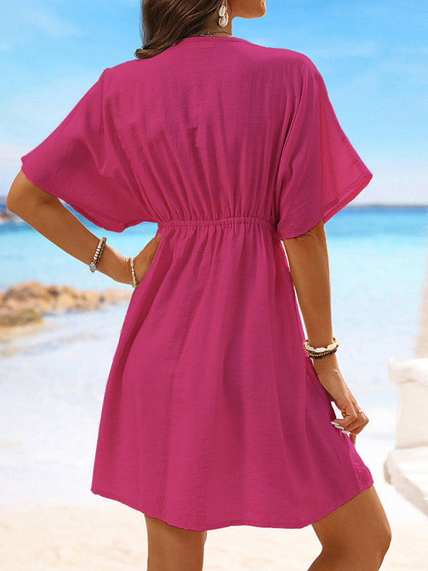 Elasticity See-Through Split-Joint Batwing Sleeves Loose V-Neck Mini Dresses