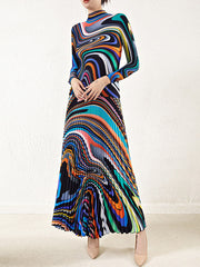 Pleated Long Sleeves Contrast Color Mock Neck T-Shirt Top + Printed A-Line Skirts Bottom Two Pieces Set
