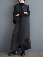 Asymmetric Buttoned Quilted Solid Color Loose Sleeveless Round-Neck Padded Vest