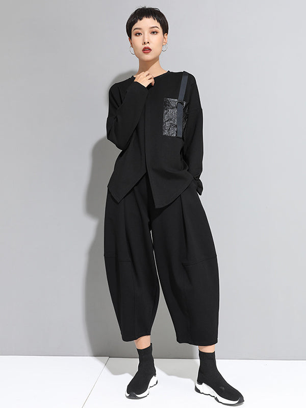 Loose Long Sleeves Split-Front Round-Neck T-Shirts Tops