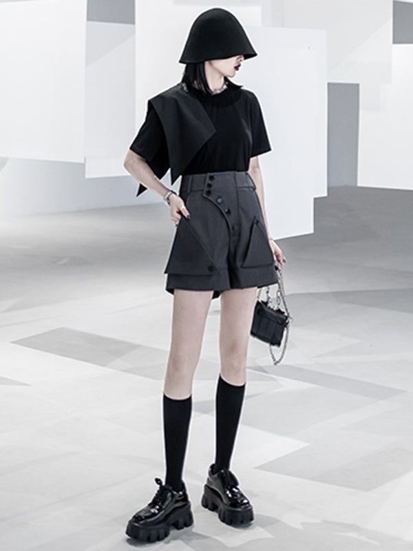 Urban Asymmetric Split-Front Solid Color Short Sleeves T-Shirt Top