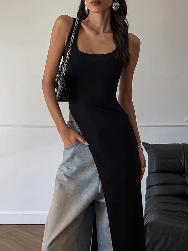 Asymmetric Solid Color Split-side Skinny Sleeveless Square-neck Tank Top