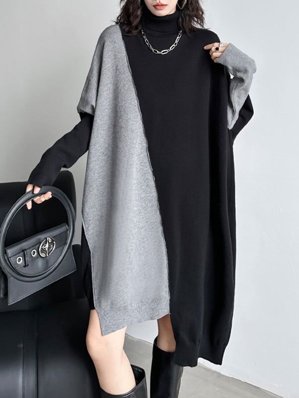 Asymmetric Contrast Color Split-Joint Batwing Sleeves Hipster High-neck Sweater Dresses Midi Dresses