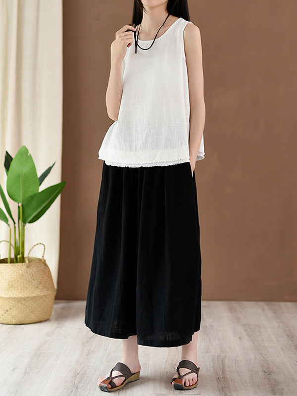 Fringed Solid Color Loose Sleeveless Round-Neck Vest Top