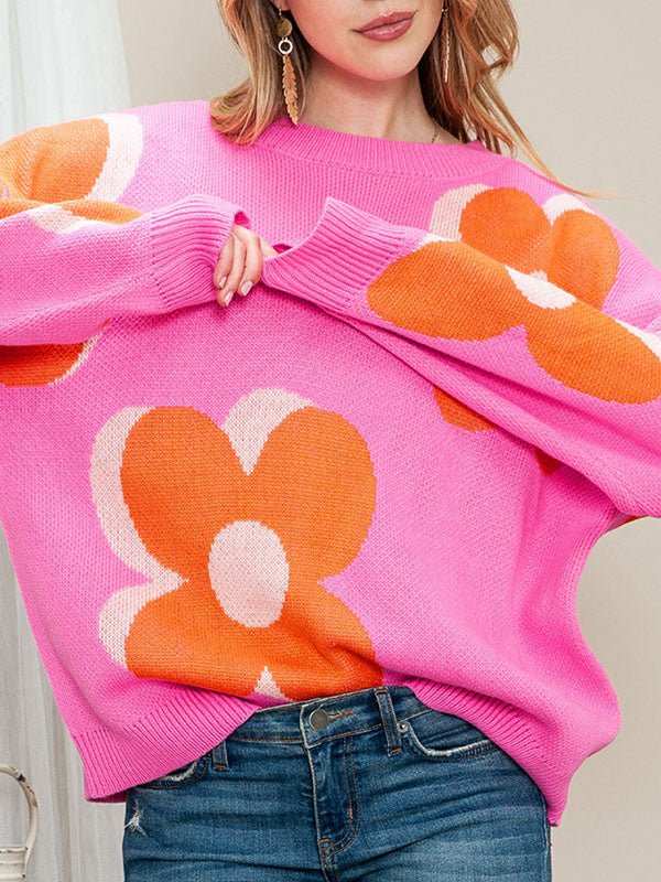 Knitted Flower Long Sleeves Loose Round-Neck Sweater Tops Pullovers