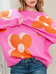 Knitted Flower Long Sleeves Loose Round-Neck Sweater Tops Pullovers