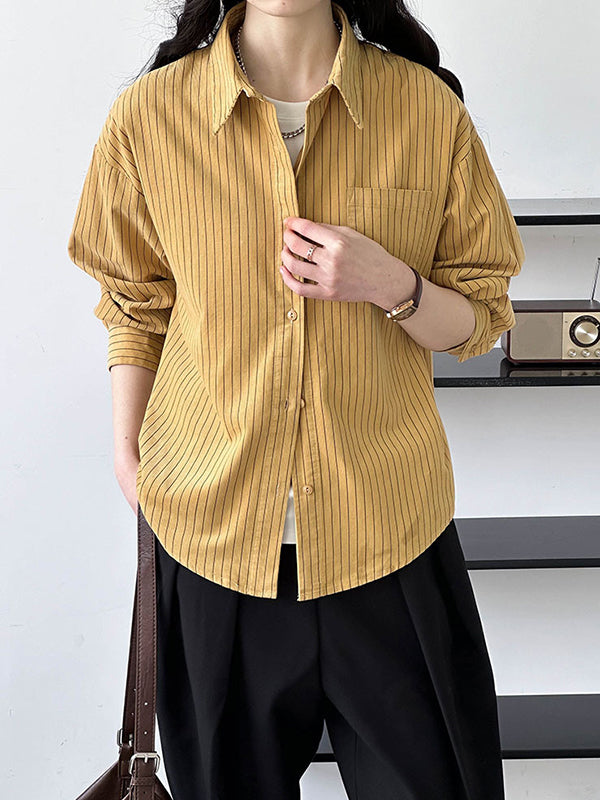 Buttoned Pockets Striped Long Sleeves Loose Lapel Blouses&Shirts Tops