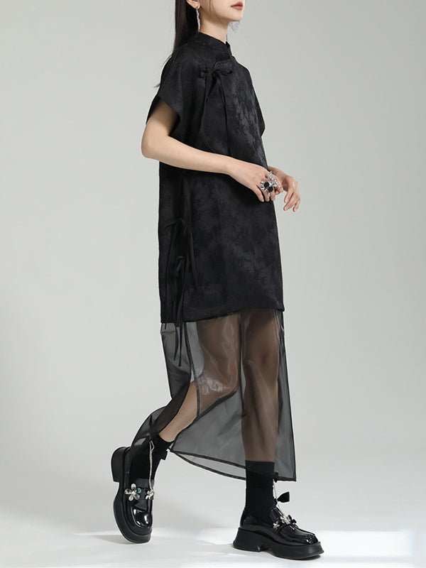 Gauze Jacquard Solid Color False Two Short Sleeves Stand Collar Midi Dresses Long Cheongsams