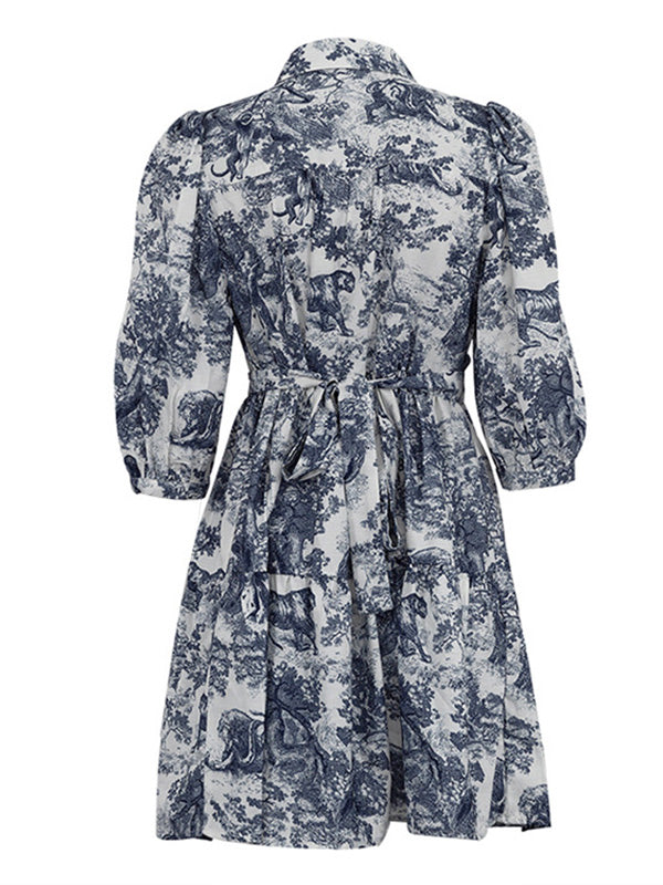 Pleated Printed Split-Joint Tied Waist Loose Puff Sleeves Lapel Shirt Dress Mini Dresses