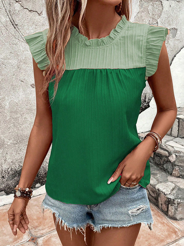 Contrast Color Pleated Ruffled Split-Joint Flying Sleeves Loose Round-neck Vest Top