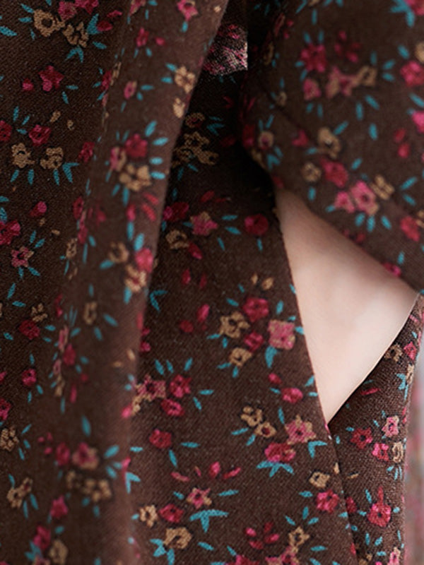 Vintage Loose Long Sleeves Floral Printed High-Neck Mini Dresses