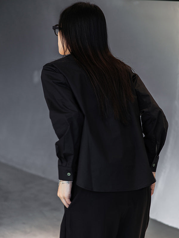 Simple Black Lapel Pockets Blouse