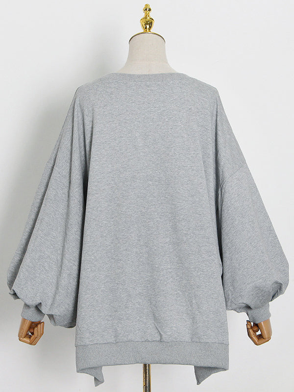 Casual Simple Puff Sleeves Solid Color Round-Neck Sweatshirt Top