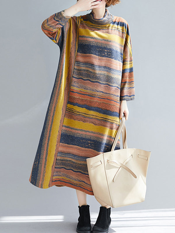 Asymmetric Striped A-Line Long Sleeves High Neck Midi Dresses