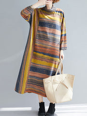 Asymmetric Striped A-Line Long Sleeves High Neck Midi Dresses