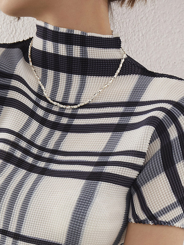 Contrast Color Pleated Short Sleeves Mock Neck T-Shirts Tops