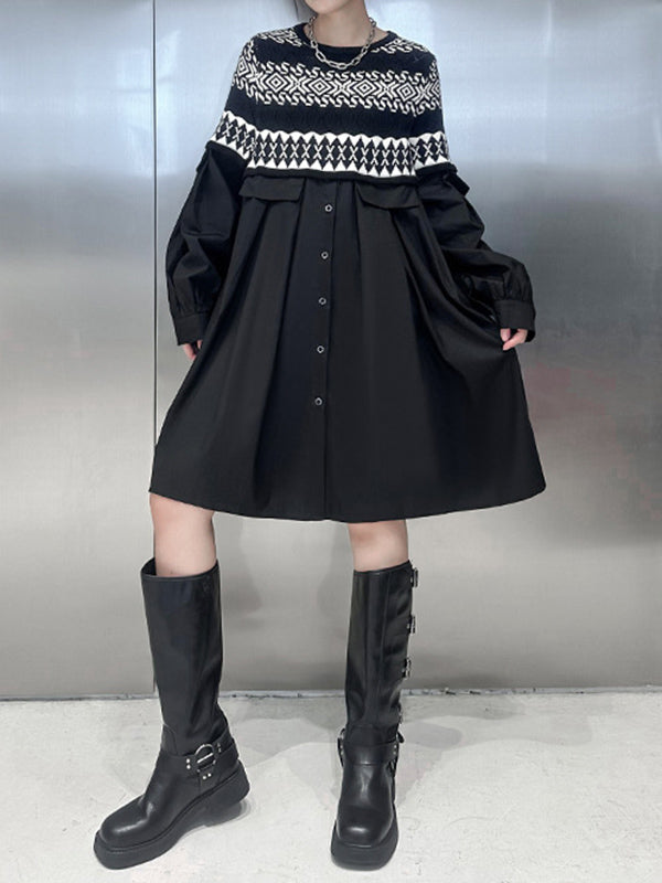 Buttoned Contrast Color Split-Joint A-Line Long Sleeves Round-Neck Mini Dresses