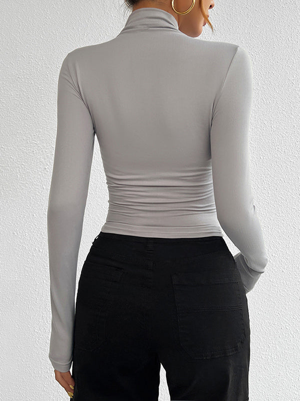 Solid Color Long Sleeves Skinny High Neck T-Shirts Tops