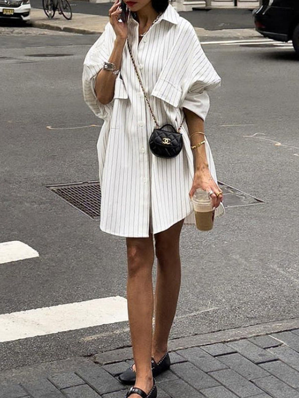 Buttoned Pockets Striped Long Sleeves Loose Lapel Blouses&shirts Tops