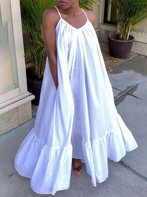 Pleated Pockets Solid Color Split-Joint A-Line Loose Asymmetric Collar Maxi Dresses