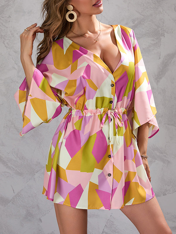Buttoned Drawstring Printed A-Line Half Sleeves V-Neck Mini Dresses