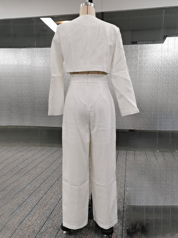 Round-Neck Long Sleeves Buttoned Solid Color Split-Joint Blazers Top +Zipper  Wide Leg Mesh Pleated Pants bottom Two Pieces Set