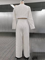 Round-Neck Long Sleeves Buttoned Solid Color Split-Joint Blazers Top +Zipper  Wide Leg Mesh Pleated Pants bottom Two Pieces Set
