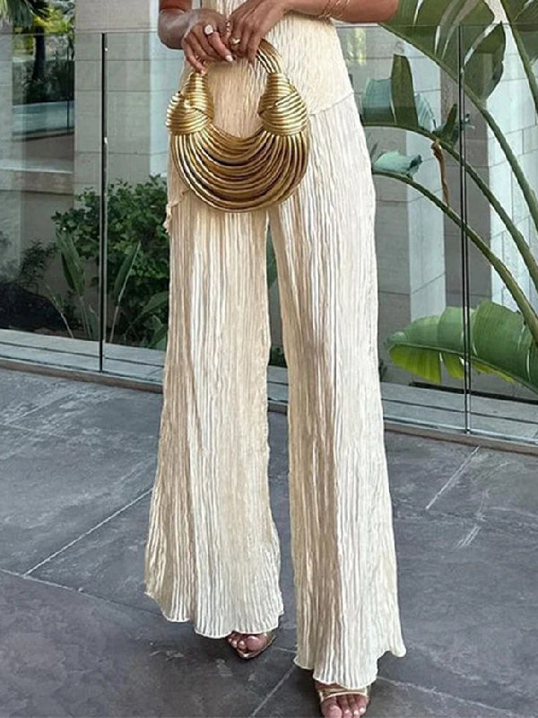 Pleated Solid Color Wide Leg Trousers Pants