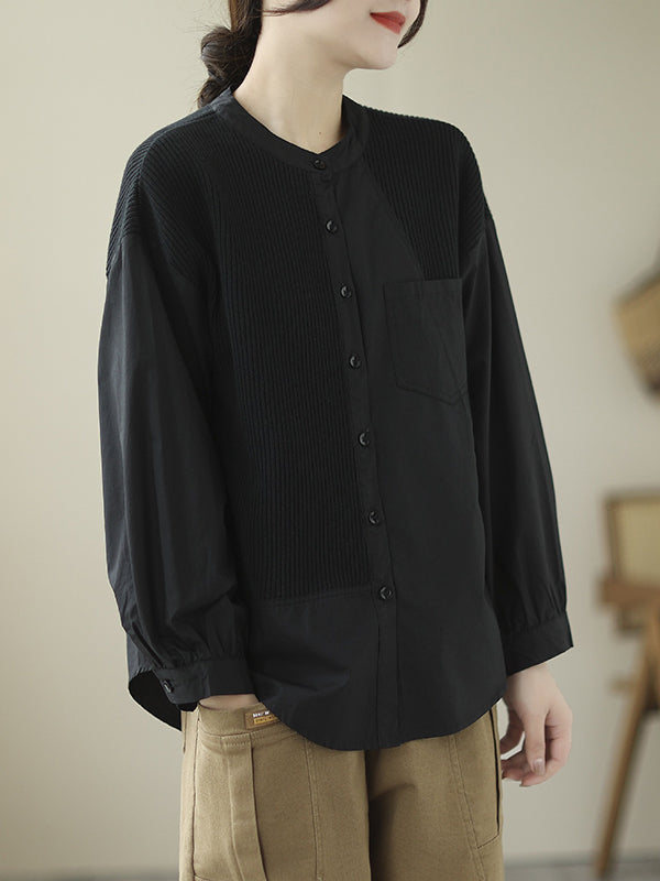 Asymmetric Buttoned Pockets Split-Joint Long Sleeves Loose Round-Neck Blouses&Shirts Tops