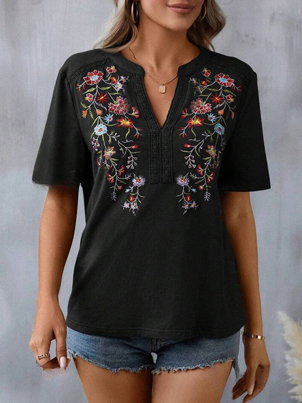 Embroidered Split-Joint Half Sleeves Loose V-Neck T-Shirts Tops